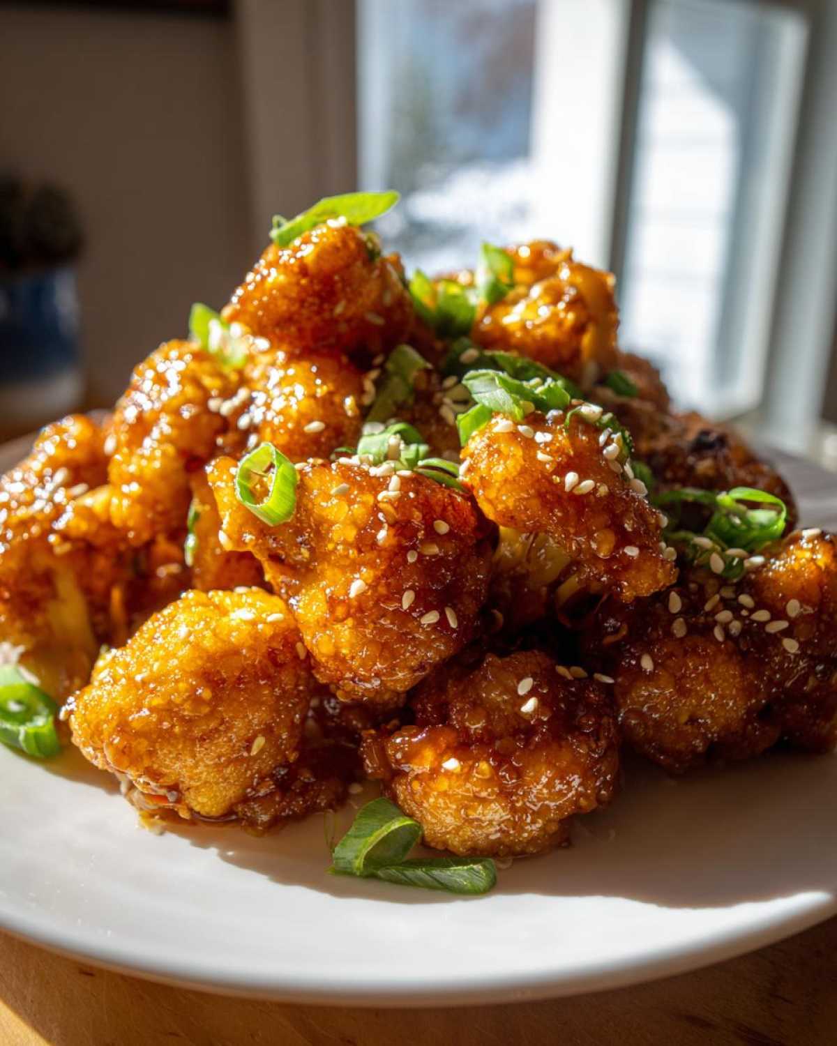 A mound of crispy Sticky Honey Garlic Cauliflower pieces coated in a shiny glaze, topped with sesame seeds and green onions.