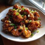 Close-up of Sticky Honey Garlic Cauliflower florets coated in a glossy sauce, topped with sesame seeds and green onions.
