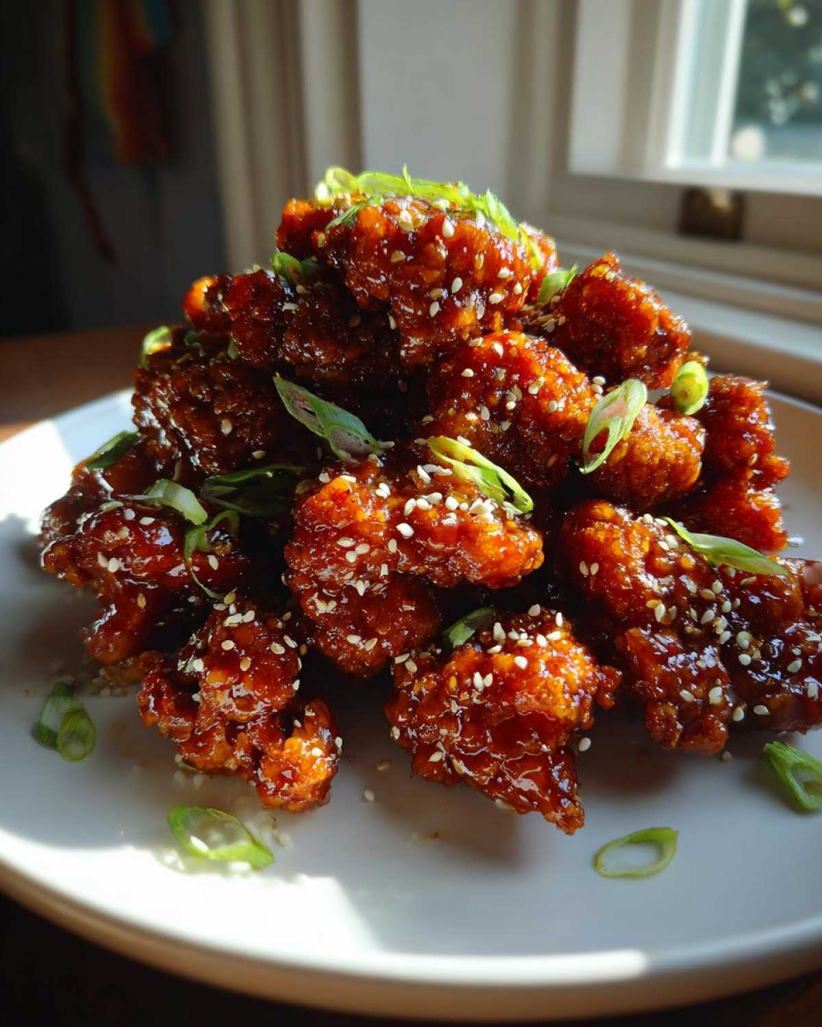A pile of crispy, glazed Sticky Honey Garlic Cauliflower pieces garnished with sesame seeds and sliced green onions.