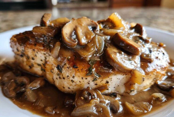 Close-up of a juicy chicken breast topped with rich mushroom gravy, resembling Texas Roadhouse Smothered Chicken.