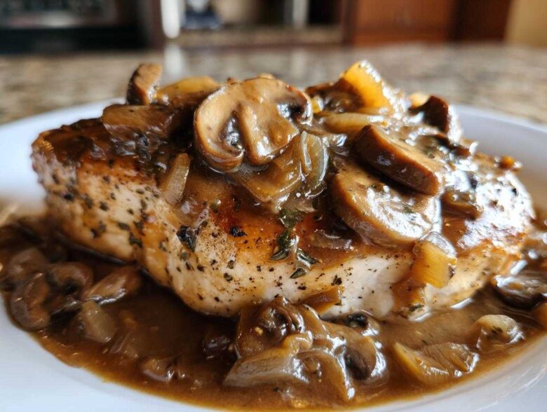 Close-up of a juicy chicken breast topped with rich mushroom gravy, resembling Texas Roadhouse Smothered Chicken.