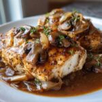 Close-up of juicy Texas Roadhouse Smothered Chicken topped with rich mushroom and onion gravy and fresh thyme.