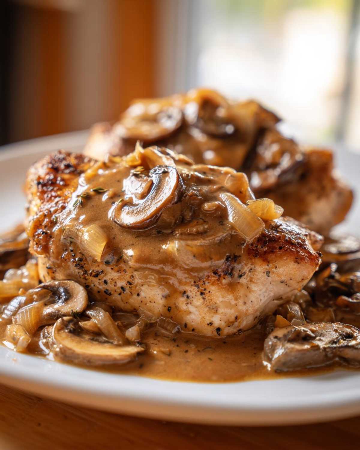 A close-up of perfectly cooked Texas Roadhouse Smothered Chicken topped with rich mushroom and onion gravy.