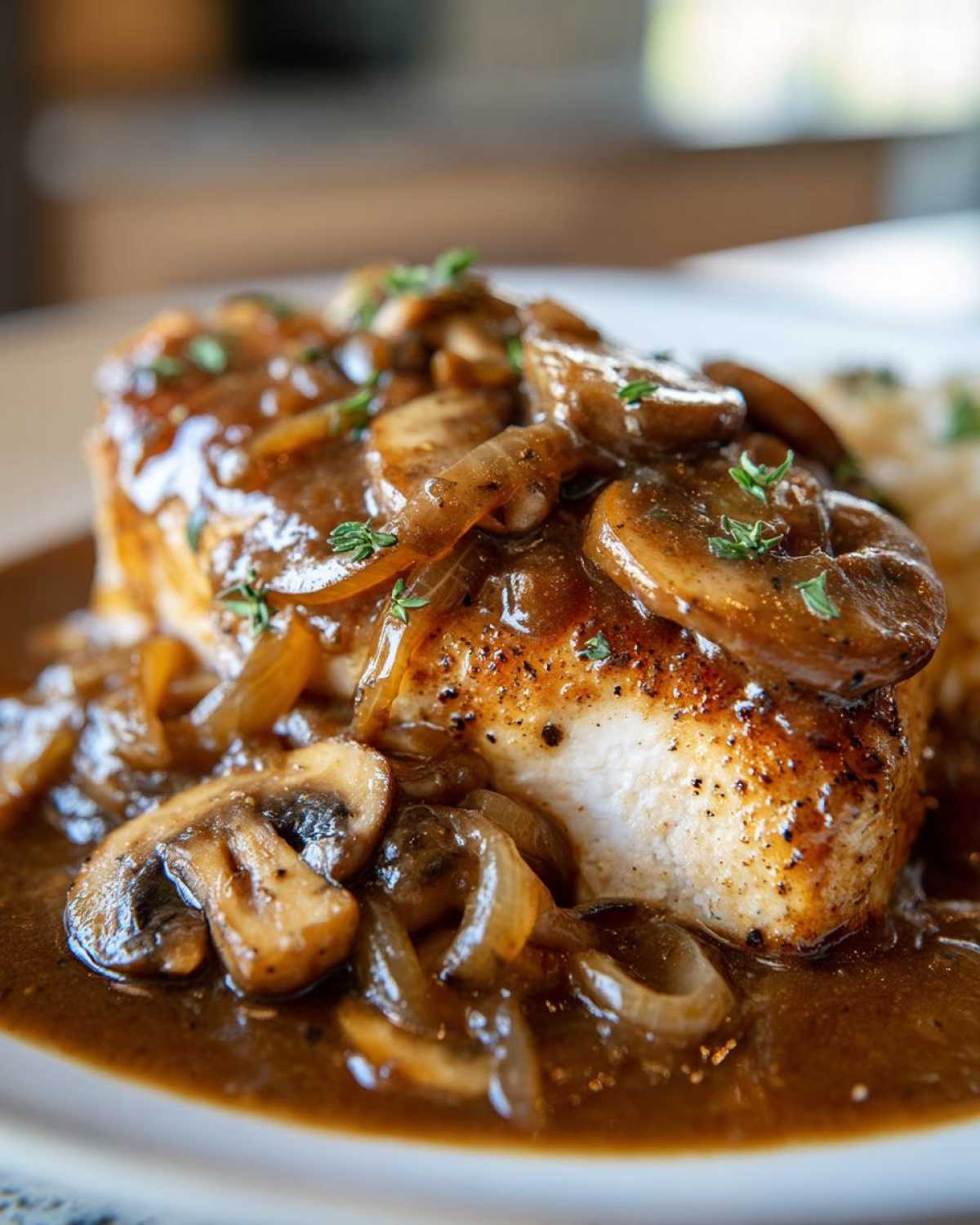 Close-up of tender Texas Roadhouse Smothered Chicken topped with rich mushroom and onion gravy and fresh thyme.