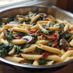 Close-up of creamy Tuscan Mushroom Pasta Skillet with penne, spinach, mushrooms, and sun-dried tomatoes in a stainless steel pan.