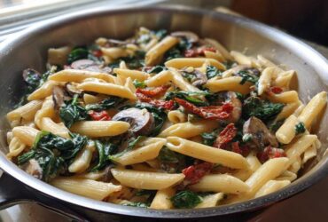Close-up of creamy Tuscan Mushroom Pasta Skillet with penne, spinach, mushrooms, and sun-dried tomatoes in a stainless steel pan.