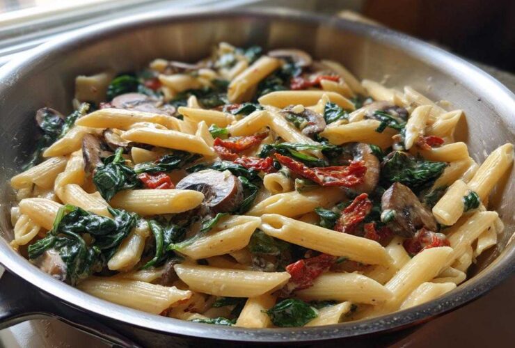 Close-up of creamy Tuscan Mushroom Pasta Skillet with penne, spinach, mushrooms, and sun-dried tomatoes in a stainless steel pan.
