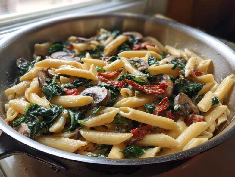 Close-up of creamy Tuscan Mushroom Pasta Skillet with penne, spinach, mushrooms, and sun-dried tomatoes in a stainless steel pan.
