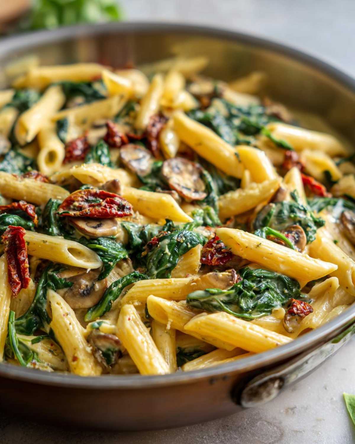 Close-up of creamy Tuscan Mushroom Pasta Skillet with penne, spinach, and sun-dried tomatoes in a stainless steel skillet.