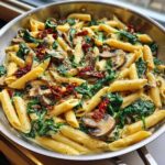 Close-up of creamy Tuscan Mushroom Pasta Skillet featuring penne, mushrooms, spinach, and sun-dried tomatoes in a stainless steel pan.