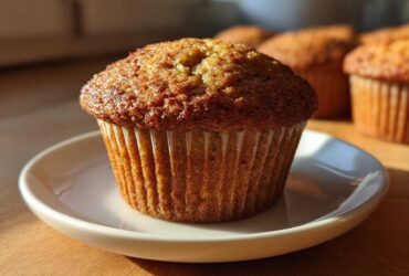 A close-up of a golden-brown Vanilla Chai Muffin sitting on a small white plate, with more muffins blurred in the background.