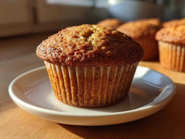A close-up of a golden-brown Vanilla Chai Muffin sitting on a small white plate, with more muffins blurred in the background.