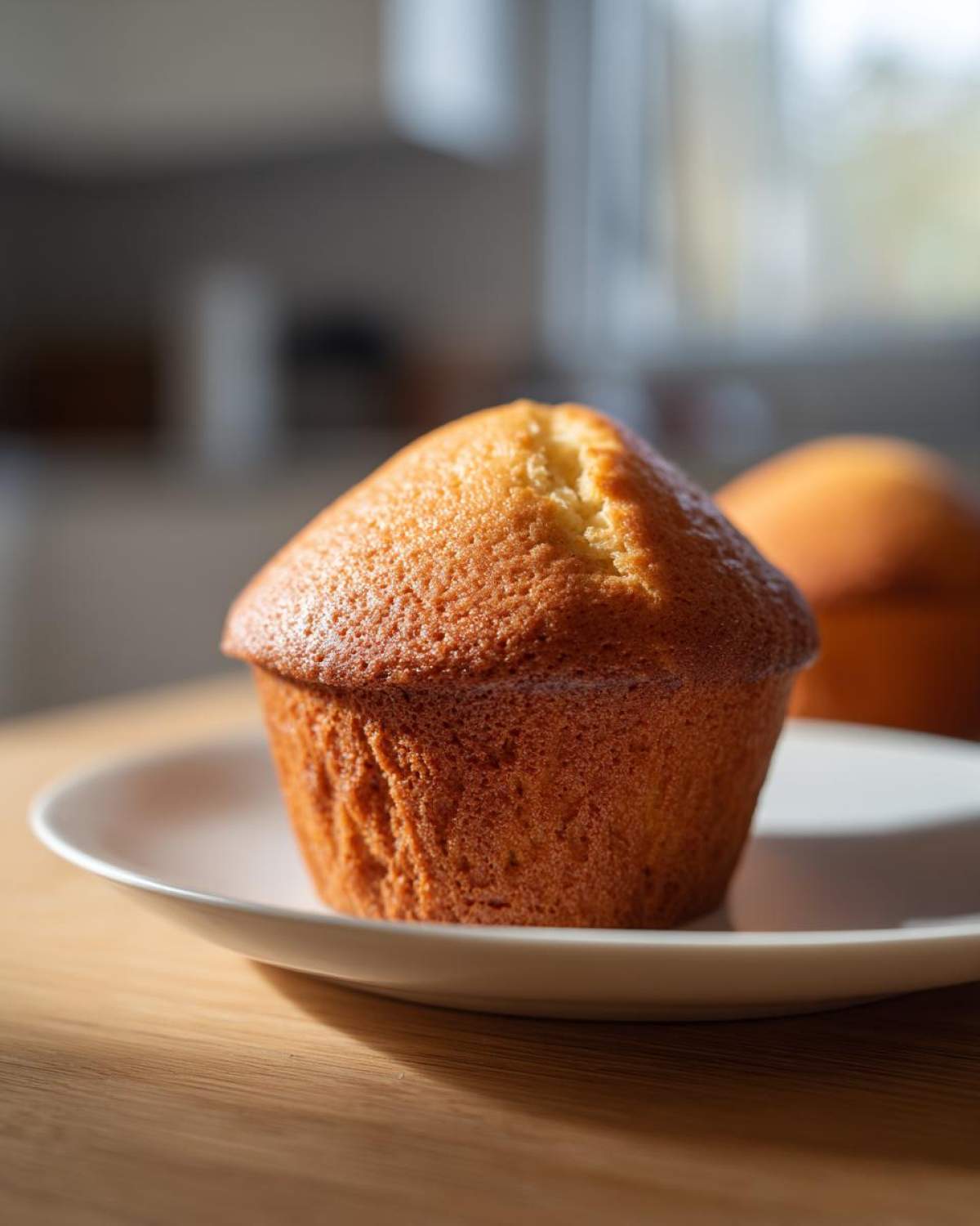 Close-up of a perfectly baked, golden brown Vanilla Chai Muffin sitting on a small white plate.