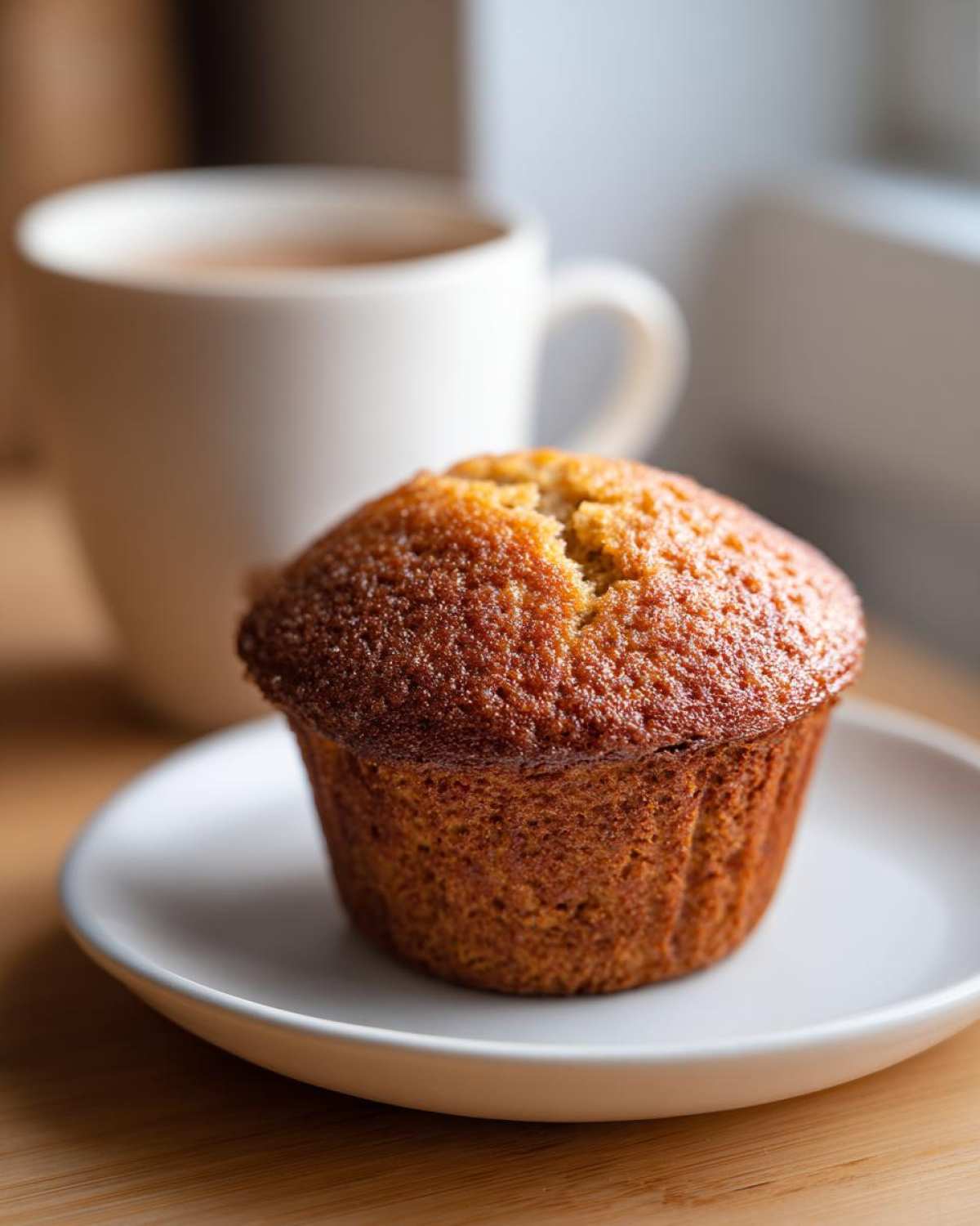 A perfectly baked, golden brown Vanilla Chai Muffin sitting on a small white plate with a mug in the background.