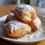 A close-up of four golden-brown Vanilla French Beignets piled on a white plate and heavily dusted with powdered sugar.