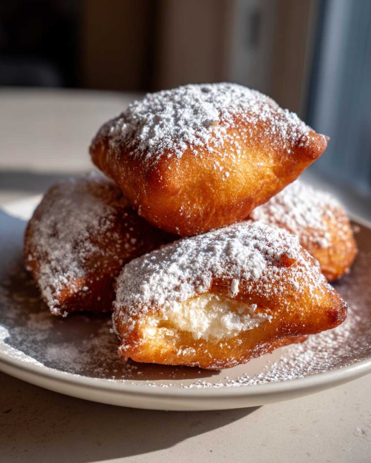 Close-up of several fluffy Vanilla French Beignets piled on a plate, heavily dusted with white powdered sugar.