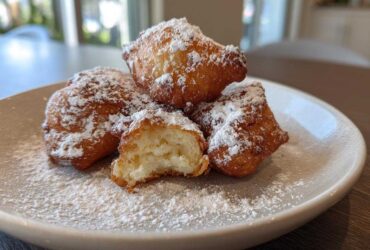 Close-up of four fluffy Vanilla French Beignets dusted heavily with powdered sugar on a light plate.
