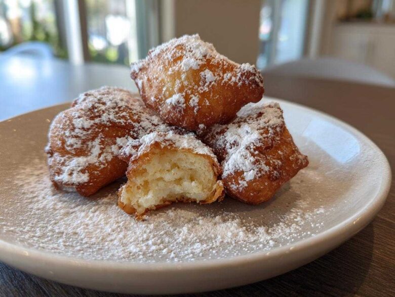 Close-up of four fluffy Vanilla French Beignets dusted heavily with powdered sugar on a light plate.