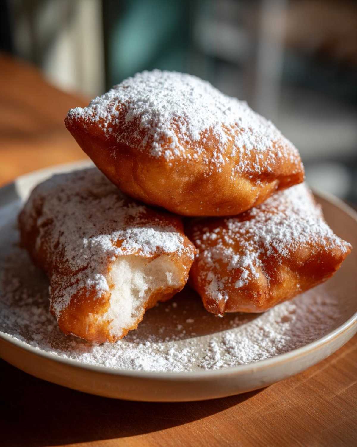 Three golden brown Vanilla French Beignets heavily dusted with powdered sugar, one showing a fluffy white interior.
