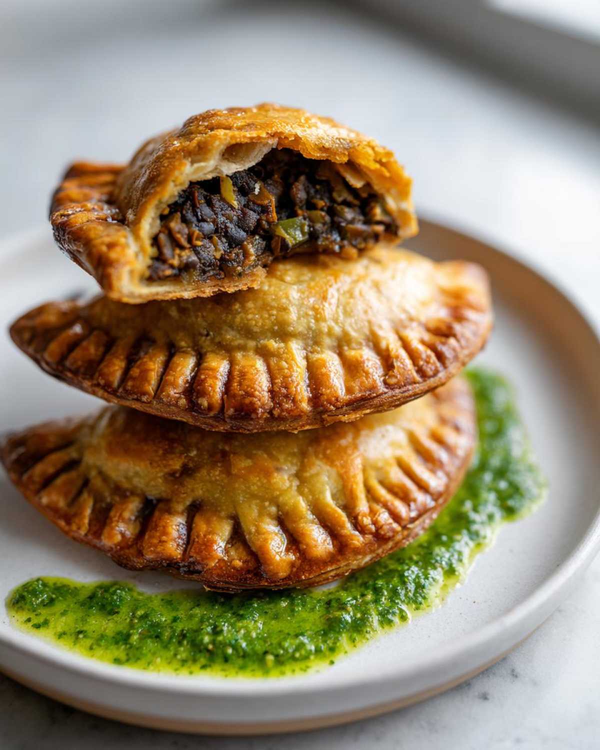 Stack of three golden-brown Vegan Lentil Empanadas, one cut open to show the dark filling, served with bright green chimichurri sauce.