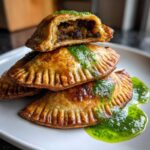 Stack of golden-brown Vegan Lentil Empanadas topped with bright green chimichurri sauce, one is cut open.