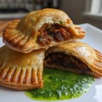 Close-up of golden-brown Vegan Lentil Empanadas, one cut open revealing the filling, served with bright green chimichurri sauce.