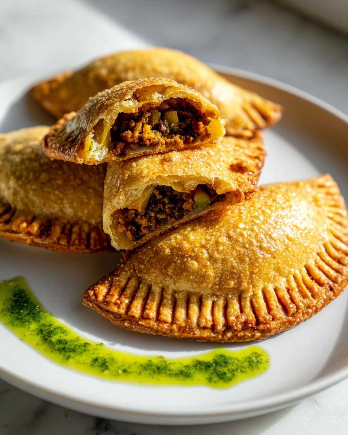 Close-up of crispy, golden Vegan Lentil Empanadas, one cut open to show the filling, served with a swirl of green chimichurri sauce.