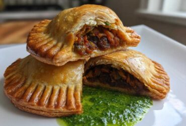 Close-up of golden-brown Vegan Lentil Empanadas, one cut open revealing the filling, served with bright green chimichurri sauce.