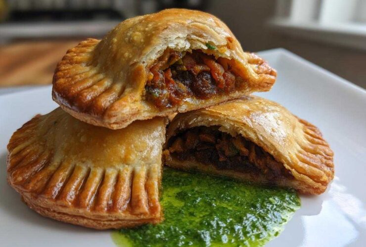Close-up of golden-brown Vegan Lentil Empanadas, one cut open revealing the filling, served with bright green chimichurri sauce.