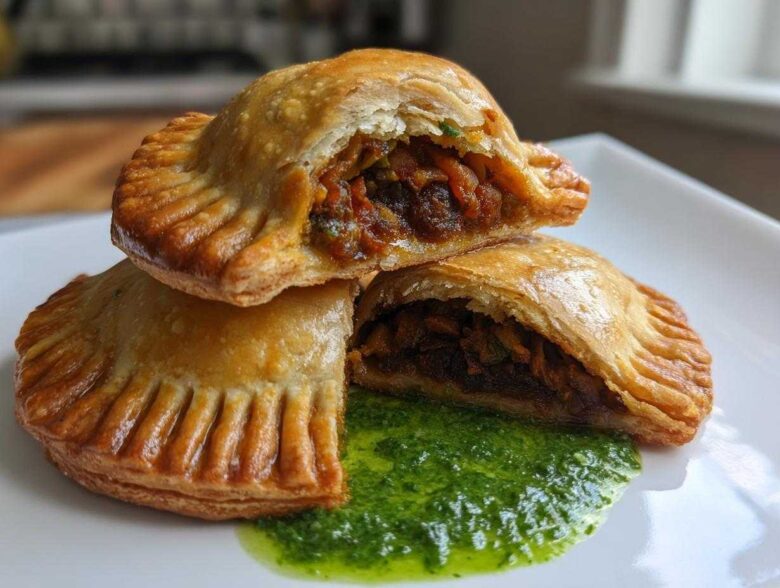 Close-up of golden-brown Vegan Lentil Empanadas, one cut open revealing the filling, served with bright green chimichurri sauce.