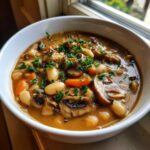 Close-up of a bowl of rich Vegan Stew with White Beans and Mushrooms, garnished with fresh parsley.