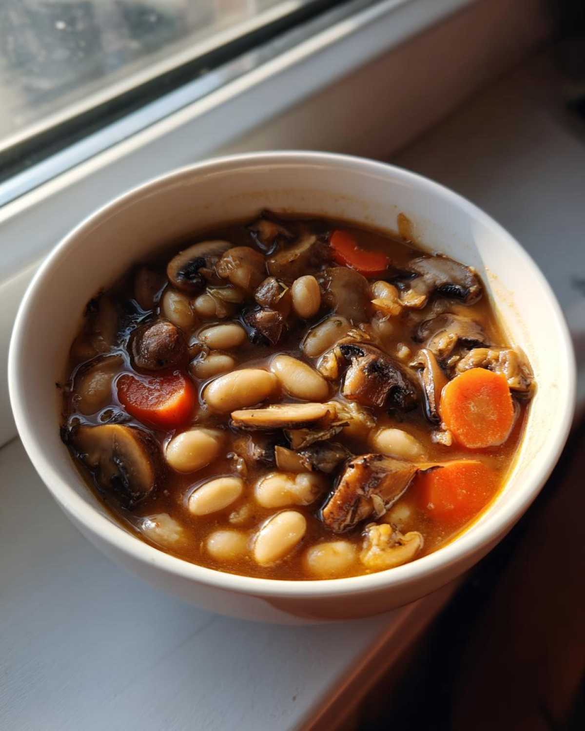 A close-up of a bowl of Vegan Stew with White Beans and Mushrooms, featuring white beans, sliced mushrooms, and carrots in a rich broth.