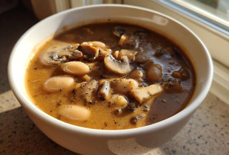 Close-up of a white bowl filled with rich Vegan Stew with White Beans and Mushrooms, seasoned with herbs.