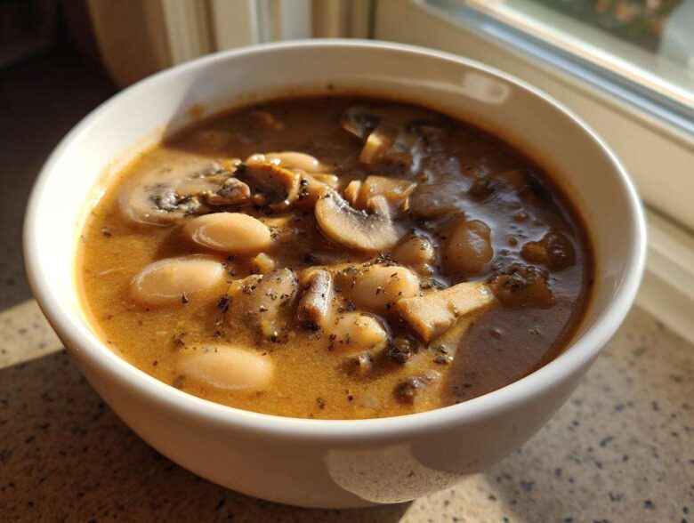 Close-up of a white bowl filled with rich Vegan Stew with White Beans and Mushrooms, seasoned with herbs.
