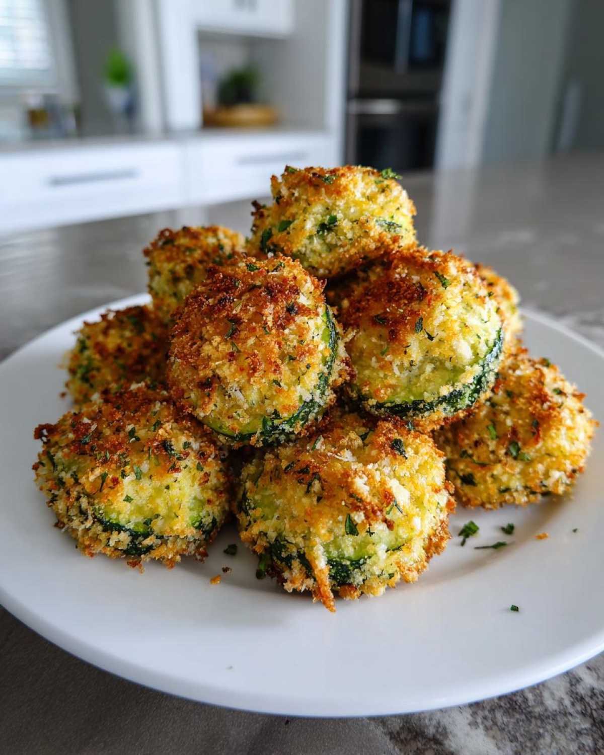 A stack of golden brown, crispy Air Fryer Zucchini Bites seasoned with herbs on a white plate.