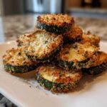 A stack of golden brown, breaded Air Fryer Zucchini Bites sprinkled with Parmesan cheese on a white plate.