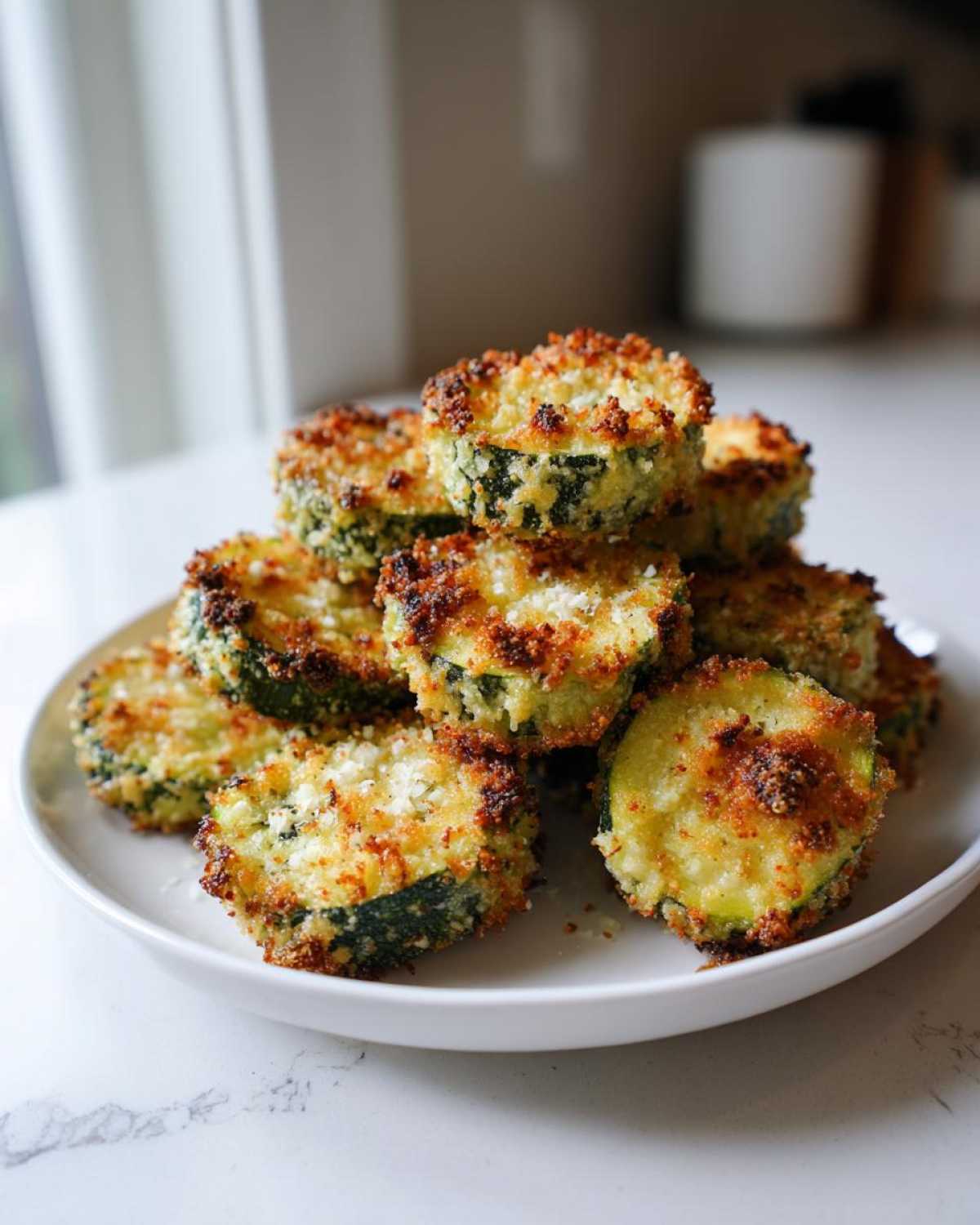 A stack of golden brown, crispy Air Fryer Zucchini Bites piled high on a white plate.