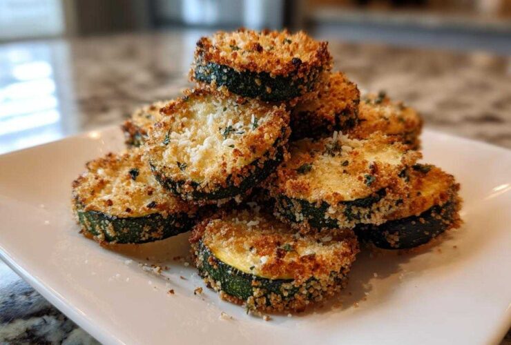 A stack of golden brown, breaded Air Fryer Zucchini Bites sprinkled with Parmesan cheese on a white plate.