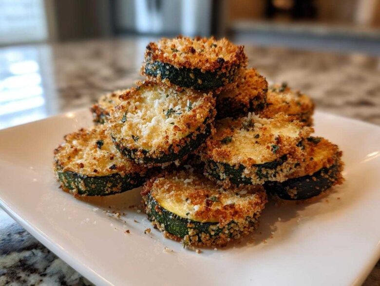 A stack of golden brown, breaded Air Fryer Zucchini Bites sprinkled with Parmesan cheese on a white plate.