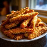 A tempting pile of crispy, golden-brown Baked Eggplant Fries served on a white plate near a window.