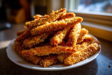 A tempting pile of crispy, golden-brown Baked Eggplant Fries served on a white plate near a window.