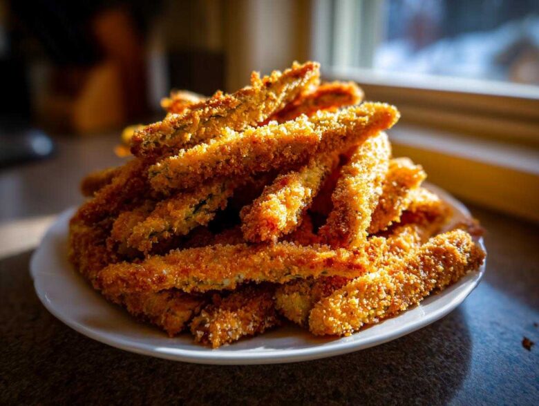 A tempting pile of crispy, golden-brown Baked Eggplant Fries served on a white plate near a window.