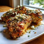 Close-up of three Baked Hot Honey Lemon Feta Chicken Cutlets covered in a glistening glaze and crumbled feta.