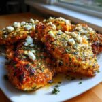 Golden brown Baked Hot Honey Lemon Feta Chicken Cutlets topped with crumbled feta and fresh herbs on a white plate.