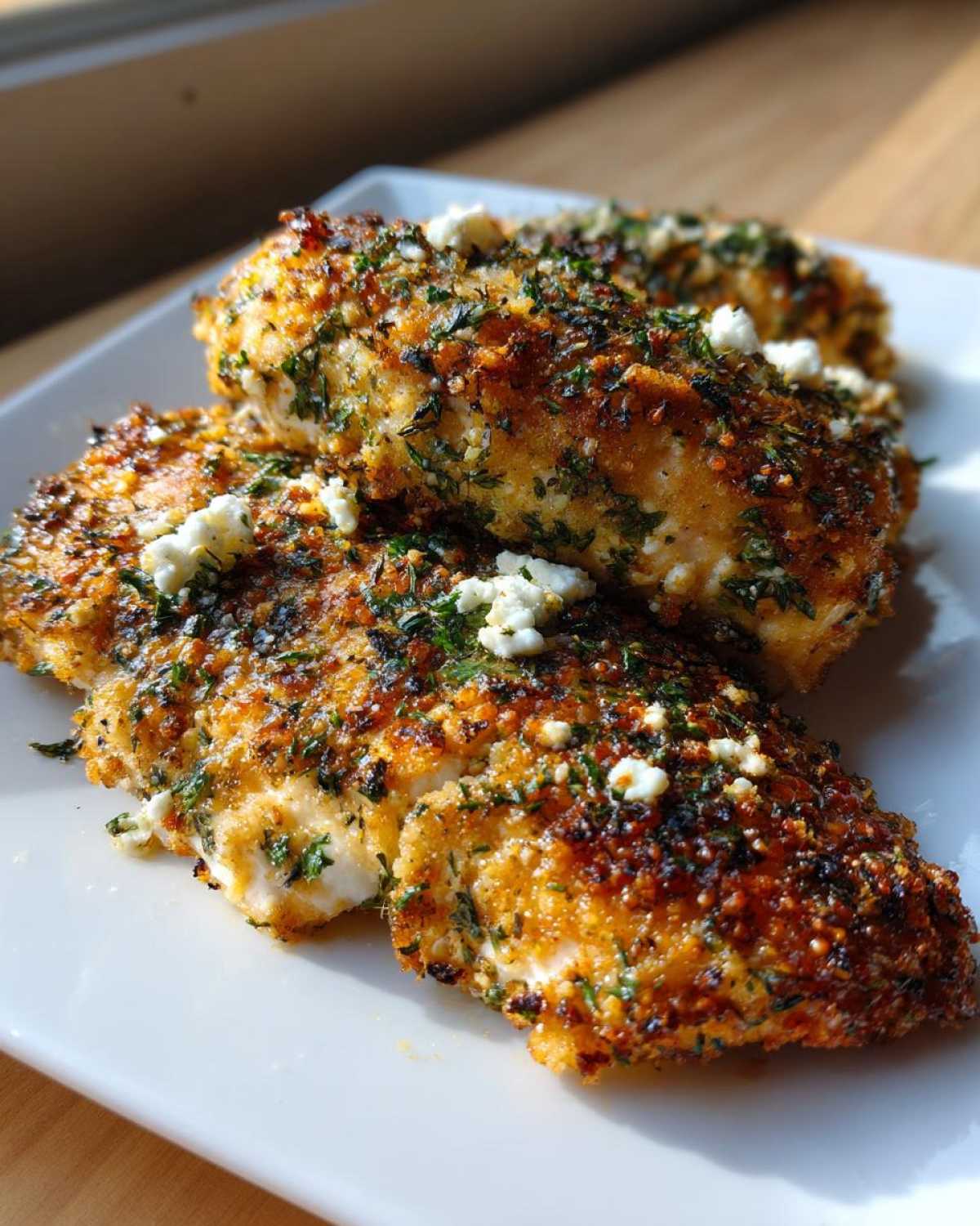 Close-up of golden brown Baked Hot Honey Lemon Feta Chicken Cutlets topped with crumbled feta and green herbs.