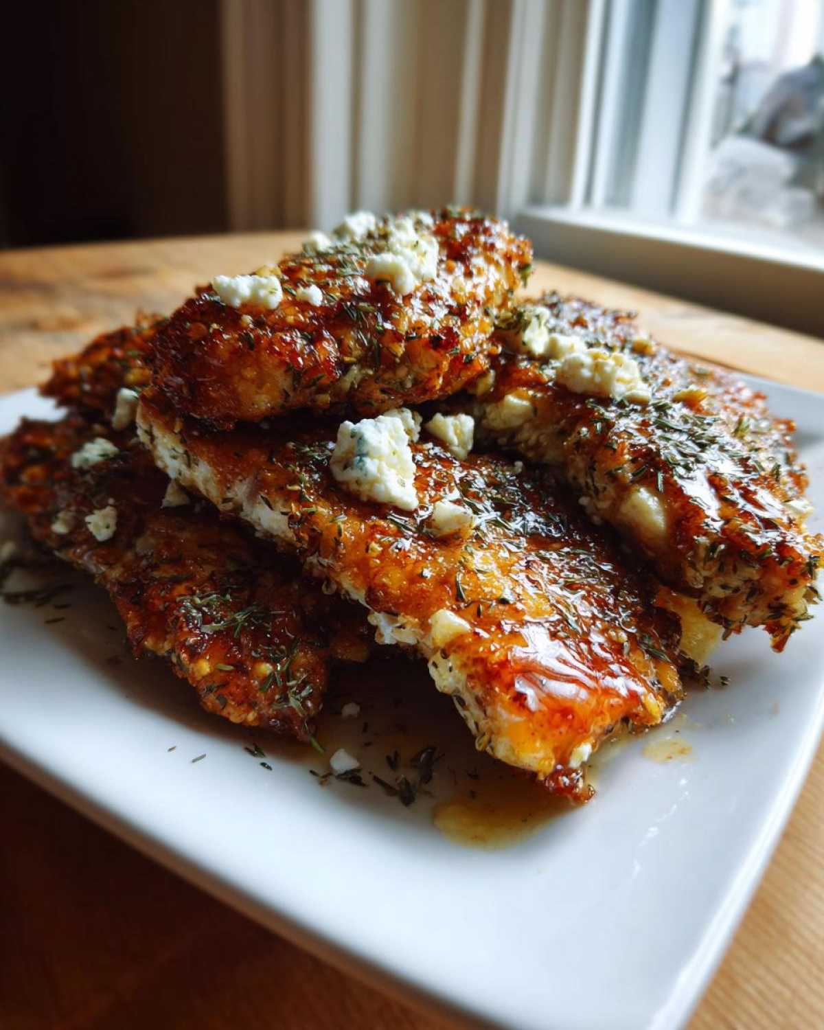 A stack of Baked Hot Honey Lemon Feta Chicken Cutlets topped with crumbled feta and herbs.