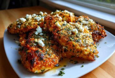 Golden brown Baked Hot Honey Lemon Feta Chicken Cutlets topped with crumbled feta and fresh herbs on a white plate.