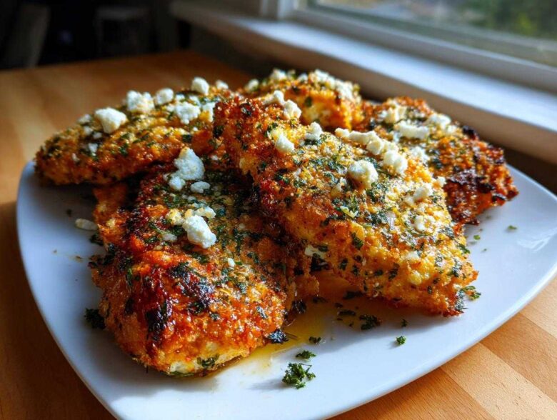 Golden brown Baked Hot Honey Lemon Feta Chicken Cutlets topped with crumbled feta and fresh herbs on a white plate.