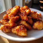 A plate piled high with crispy, glazed pieces of Baked Orange Chicken, glistening under bright light and sprinkled with sesame seeds.