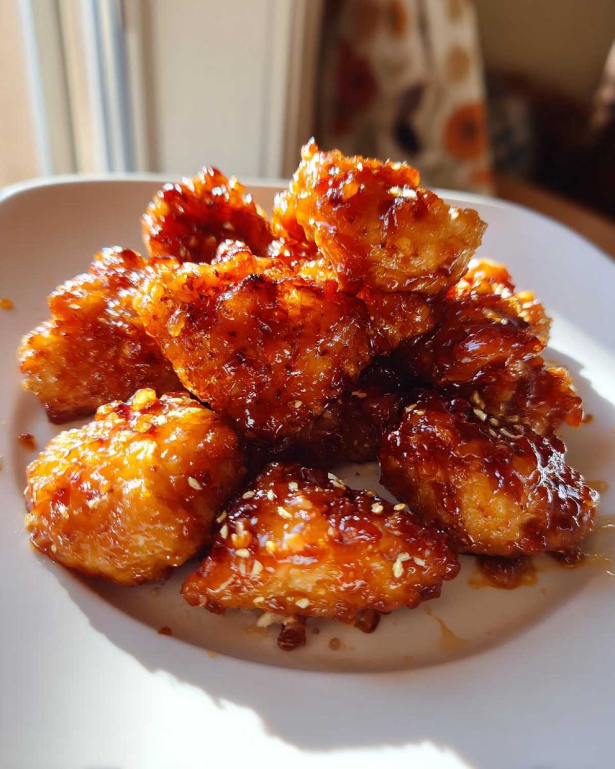 Close-up of crispy, glazed pieces of Baked Orange Chicken sprinkled with sesame seeds on a white plate.